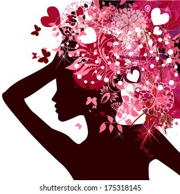 Silhouette of a beautiful girl with an abstract floral hairstyle of hearts and butterflies. Vector