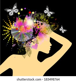 Silhouette of a beautiful girl with an abstract floral hairstyle of  butterflies. Vector