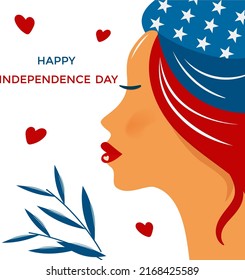 Silhouette of a beautiful girl with American flag hair. 4th of July Independence Day celebration concept. Vector isolated flat design illustration. Banner, poster with the face of a modern woman