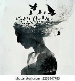 silhouette of  beautiful girl with birds , double exposure