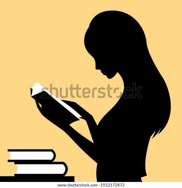 Silhouette of a beautiful girl with books.\
The concept of preparing for an exam, teaching courses and finding\
information. Vector\
illustration