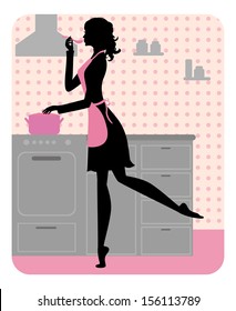 Silhouette Of Beautiful Girl Cooking 