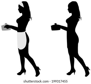 Silhouette of beautiful girl cooking, vector