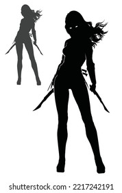 The silhouette of a beautiful girl with long hair, he stands gracefully with two paired combat knives ready for battle. 2d vector art