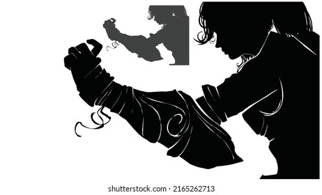 A silhouette of a beautiful girl martial artist, she stands in a combat stance in profile with her arm outstretched in a heavy brass knuckles, making an energetic gesture.  2d art.