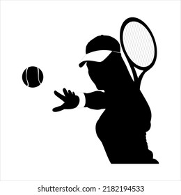 Silhouette Of A Beautiful Girl Playing Tennis. Illustration Of A Girl Playing Tennis Using Black And White Color.