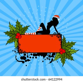 Silhouette of beautiful girl is in socks and cap of Santa Claus. Vector