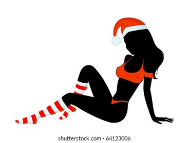Silhouette of beautiful girl is in socks and cap of Santa Claus. Vector