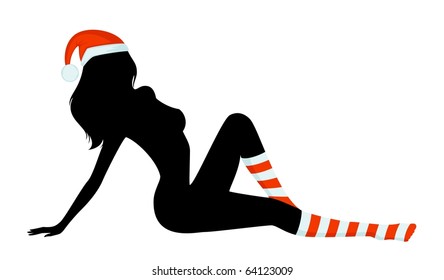 Silhouette of beautiful girl is in socks and cap of Santa Claus. Vector