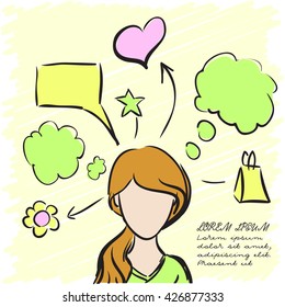Silhouette of a beautiful girl with thoughts about everything. Vector illustration