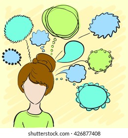 Silhouette of a beautiful girl with thoughts about everything. Vector illustration