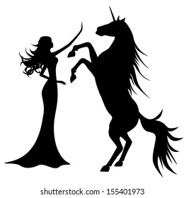 Silhouette of beautiful girl and unicorn 