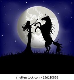 Silhouette of beautiful girl and unicorn on a background of the night sky 