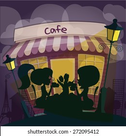 
Silhouette of beautiful girls drinking coffee in cafe