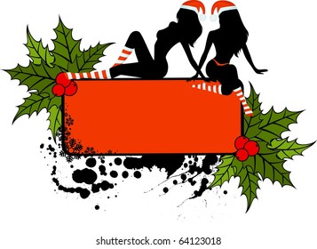 Silhouette of beautiful girls is in socks and cap of Santa Claus. Vector