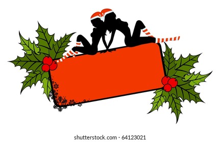 Silhouette of beautiful girls is in socks and cap of Santa Claus. Vector