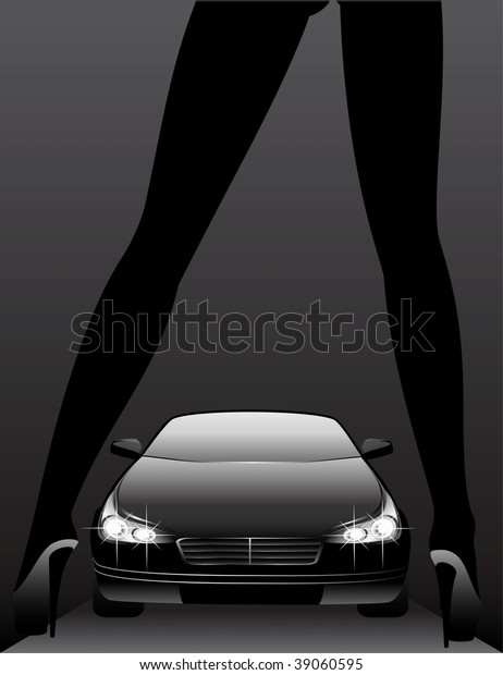 \
Silhouette of beautiful glamour girl and the\
car