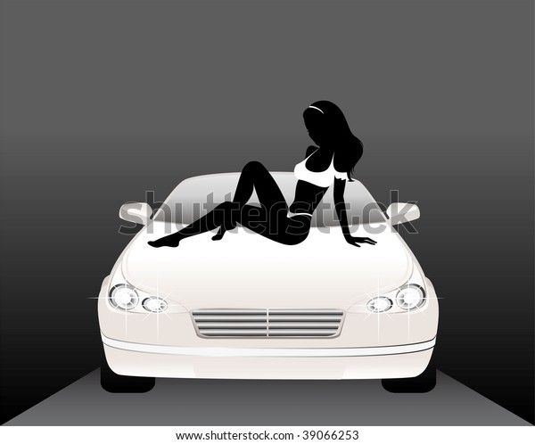Silhouette\
of beautiful glamour girl sitting by the\
car