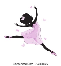 Silhouette of beautiful little princess. Silhouette of cute little ballerina in pink dress isolated on white background.