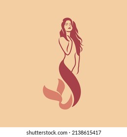 Silhouette of a beautiful mermaid with long hair, for cafe bar Logo design. retro style