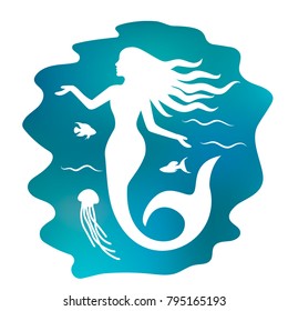 Silhouette of a beautiful mermaid with long hair under the water. flat vector illustration isolated on white background