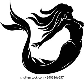 Silhouette of Beautiful Mermaid with Long Tail Vector Design