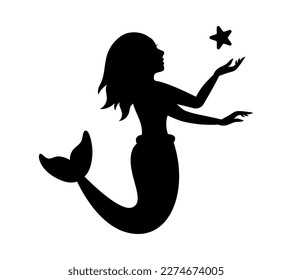 Silhouette of beautiful mermaid. Mythical tale character logo. Little creature with tail. Magical mermaid black symbol