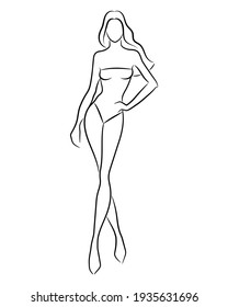 Silhouette Of A Beautiful Nude Woman, Vector Illustration. Female Body Line Art. Fashion Model Posing. Beauty Logo Design Element.