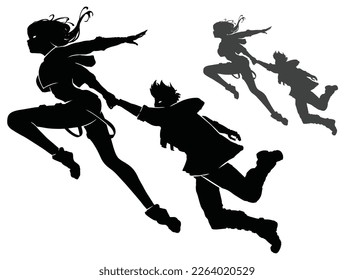 Silhouette with a beautiful Sci-fi girl in anime style, she fearlessly jumps in weightlessness and pulls her beloved boyfriend with her into the future 2d anime art