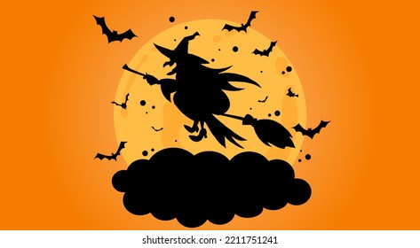 Silhouette of a beautiful witch flying on a broom against full moon light, wizard with bats. Halloween background, fantasy and magic. Vector illustration