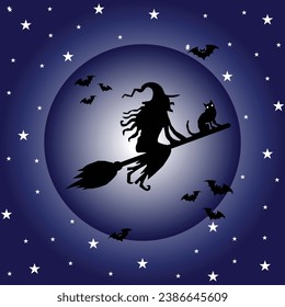 Silhouette of a beautiful witch flying on a broom against full moon light, wizard with cat, wizard with bats. Halloween background, fantasy and magic. Vector illustration