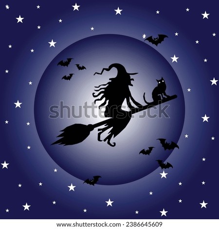 Silhouette of a beautiful witch flying on a broom against full moon light, wizard with cat, wizard with bats. Halloween background, fantasy and magic. Vector illustration