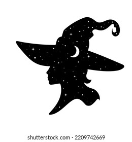 Silhouette of beautiful witch girl in hat with crescent moon and stars in profile isolated vector illustration