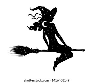 Silhouette of beautiful witch girl on a broom with crescent moon and stars in profile isolated hand drawn vector illustration