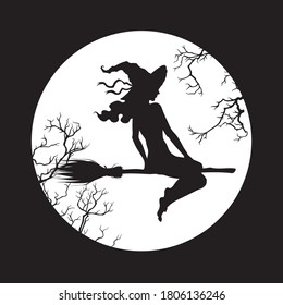 Silhouette of beautiful witch girl on a broom in front of the full moon in profile isolated hand drawn vector illustration