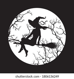 Silhouette of beautiful witch girl on a broom in front of the full moon in profile isolated hand drawn vector illustration