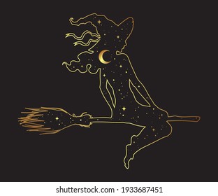 Silhouette of beautiful witch girl on a broom with crescent moon and stars in profile isolated hand drawn vector illustration