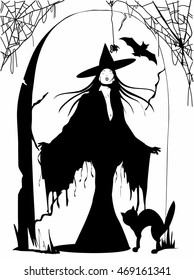 silhouette of beautiful witch with hat