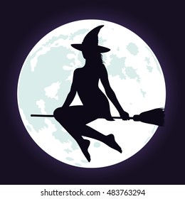 Silhouette of beautiful witch in hat flying on broomstick and bright blue full moon background. Halloween vector illustration.