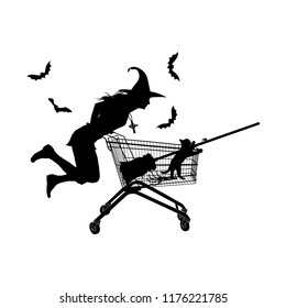 Silhouette beautiful witch in hats with shopping cart, on isolated white background for design Halloween. Cat sitting with a broom in shopping cart