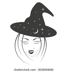 Silhouette of beautiful witch on hat with crescent and star, isolated on white background. Magic Halloween night