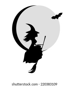 silhouette of a beautiful witch on moon and bats flying on white background, vector illustration