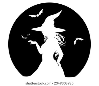 Silhouette of a beautiful witch, wizard with bats. Halloween background, fantasy and magic. Vector illustration