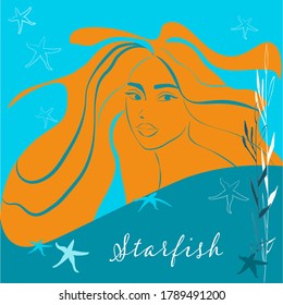 Silhouette of a beautiful woman among marine elements. Concept of magical sea creatures. Trendy colors digital illustration.
