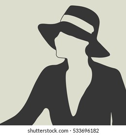 Silhouette Of A Beautiful Woman In Black Hat And Elegant Dress