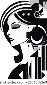 silhouette of beautiful woman in black and white, art decor style ,wall art print, tattoo, vector illustrations, ready to print