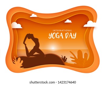 Silhouette of a beautiful woman doing yoga for International Yoga Day poster or banner design in paper cut style.