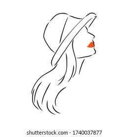 Silhouette of beautiful woman in a elegant hat. Vector. beautiful girl in a hat, vector sketch illustration