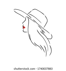 Silhouette of beautiful woman in a elegant hat. Vector. beautiful girl in a hat, vector sketch illustration