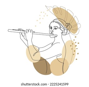 Silhouette of a beautiful woman with a flute and a leaf of a plant in a modern continuous line style. Flutist, slender. Outline decor, posters, stickers, logo. Vector illustration.